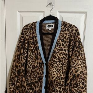Kapital Leopard Print Cardigan with Light Blue Trim